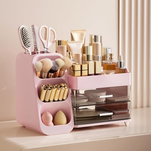 HBlife Makeup Organizer with Brush Holder for Vanity, Large Plastic Bathroom Countertop Organizer Skin Care Storage, Eas