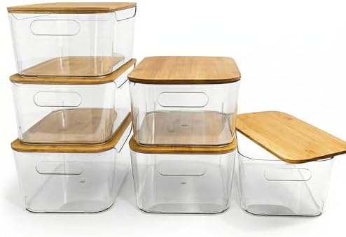 CiWiVOKi 6 Pack Clear Stackable Storage Bins with Bamboo Lids, 3.7L BPA-Free Plastic Organizer Containers with Handles, 