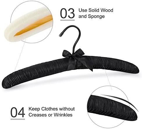 TOPIA HANGER Satin Padded Hangers for Women Clothing 17-inch 10 Pack Black