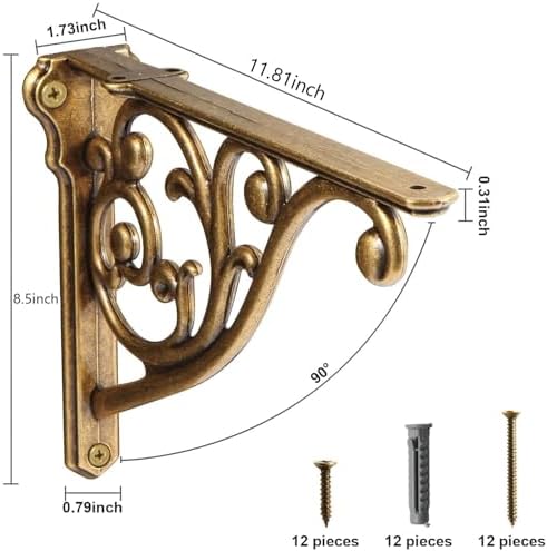Khtumeware Ornate Decorative Shelf Brackets, 12 inch Big wall Mounted Shelving Bracket, 2 Pack Antique Brass Vintage Met