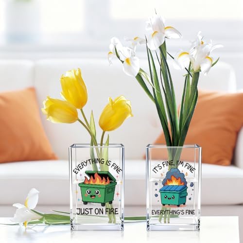Everything is Fine Just On Fire Acrylic Pencil Pen Holder Cup Set 2, Cute Pencil Holder Desk Organizer, Funny Dumpster Fire Desk Accessories, Sarcastic Office Gifts for Women Coworkers Teachers