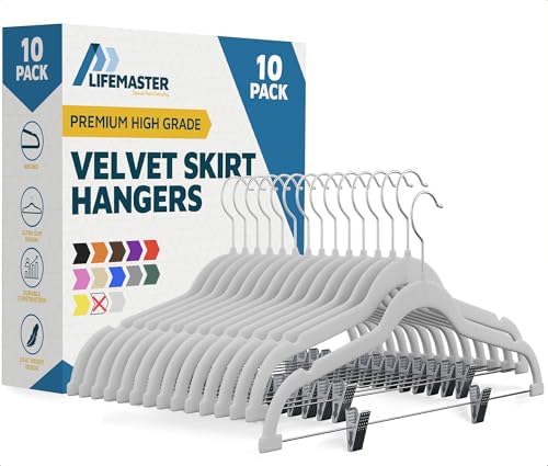 Lifemaster Velvet Skirt Hangers – with Adjustable Clips, 360 Degree Swivel Hook, and Non-Slip Shoulder Notch, Holds Up to 10 lbs, for Organizing Skirt, Pants, Dress, and Clothes, Pack of 10, White