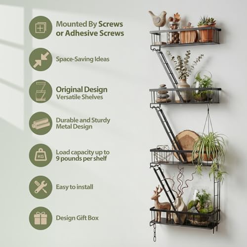 SweetSage Fire Escape Wall Shelf 4 Tier - NYC Decorative Floating Shelf Black Metal Book Shelves for Home Office Apartme