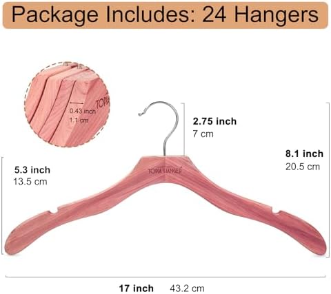 TOPIA HANGER Red Cedar Wooden Hangers 24 Pack, Premium Sweater Hangers No Shoulder Bump, 360° Swivel Hook and Cut Notches Clothes Hangers for Sweater, Coat, Shirts, Jackets, Dress, CT85C