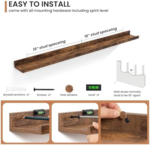 Fun Memories Picture Ledge Shelves Set of 2, 48 Inch Rustic Wall Mounted Floating Shelves with Lip for Home Storage and 