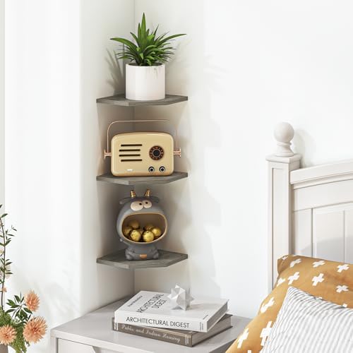 Fun Memories Corner Shelf Wall Mount, Floating Corner Shelves, Set of 6 Corner Wall Shelf Organizer, Rustic Wood Wall St