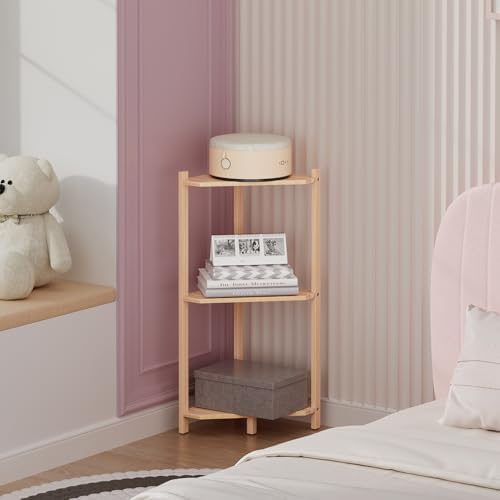 Wisuce Bamboo Small Corner Shelf Stand, 3-Tier Natural Corner Bookshelf