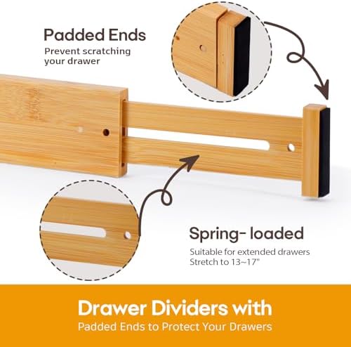 Bamboo Drawer Dividers Organizers, Kitchen Drawer Dividers for Clothes, Adjustable Drawers Separators for Dresser, Bedroom, Bathroom, Office, 4 Pack, 13“-17”