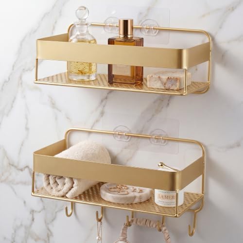Gold Bathroom Wall Mount Floating Shelf 2 Pack, No Drilling Shower Organizer Rack with Hooks, Rustproof Metal Bathroom S