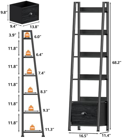 Furologee 6 Tier Ladder Shelf,Ladder Bookshelf with Drawer,Industrial Tall Bookcase,Storage Rack Organizer,Wood Metal Fr