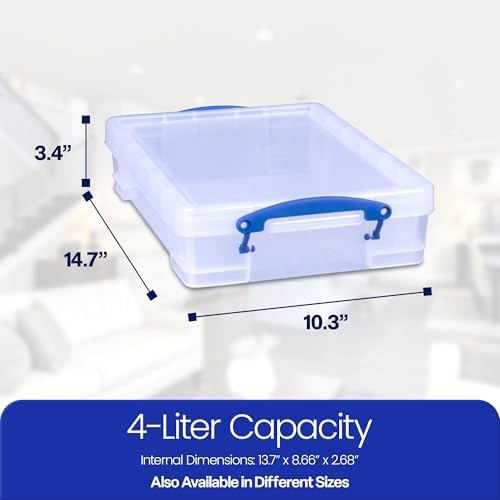Really Useful Box 4 Liter Plastic Stackable Storage Container w/Snap Lid & Built-In Clip Lock Handles for Home & Office 