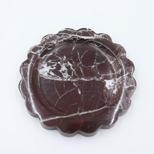 Round Marble Decorative Tray with Scalloped Edge, Luxury Natural Stone Bathroom Vanity Tray, Dresser Top Perfume Coffee 