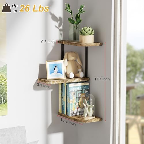 Love-KANKEI Corner Wall Shelf,3-Tier,Solid Wood,17" Tall,Carbonized Black
