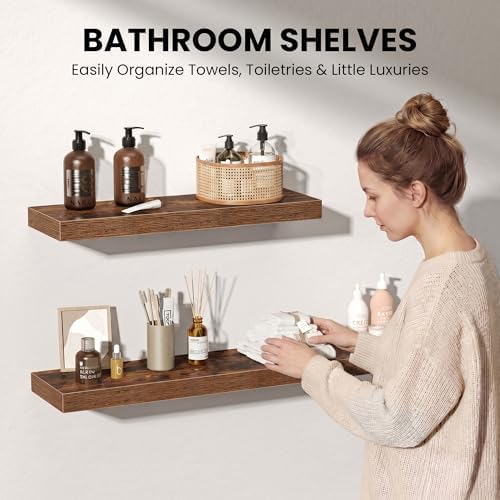 55" Floating Shelves for Wall, Set of 2, 8" Deep, 1.5" Thick, Brown