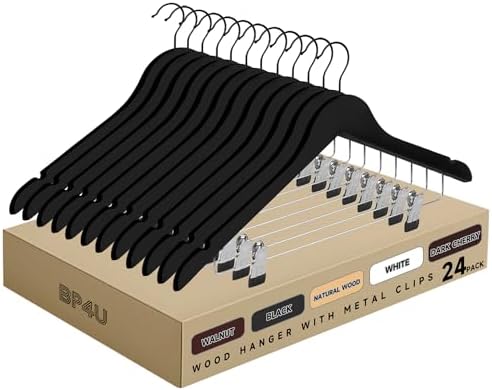Wooden Hangers with Adjustable Metal Clips, 24-Pack, Black