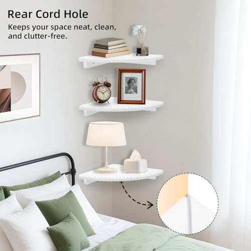 Lamapggio Corner Floating Shelves with Double Support Brackets, 3 Pack Wood Wall Mount Round Display Shelf for Bedroom, 