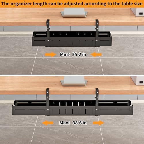 Under Desk Cable Management Tray, Expandable Length 25.2"-38.6",No Drill No Damage to Desk,Cable Tray with Clamp for wit