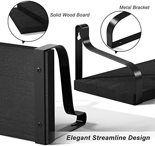 Love-KANKEI Black Floating Wall Shelves,Solid Wood/Metal Bracket,Set of 3