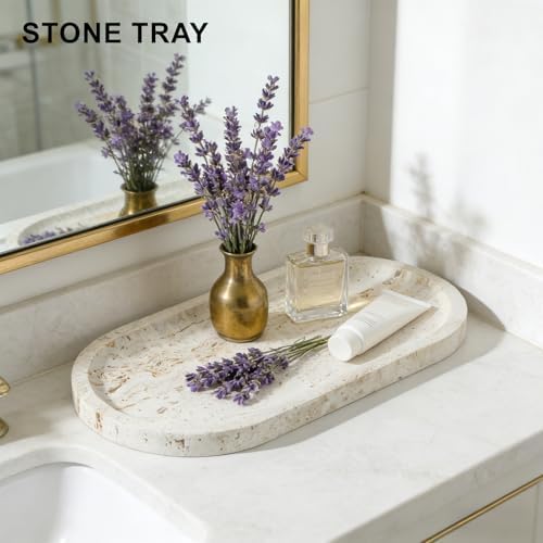 Natural Travertine Marble Tray, Bathroom Dresser Tray for Countertop, Decorative Dish Organizer for Jewelry, Toiletries,