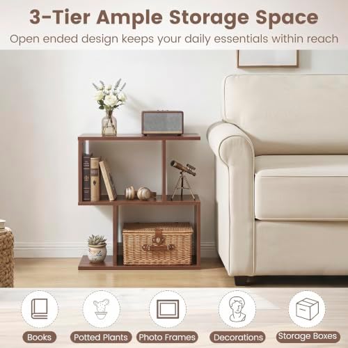 Tangkula 2 Tier Geometric Bookshelf, Freestanding Wooden Display Shelf, Home Office Room Divider S Shaped Open Bookcase,