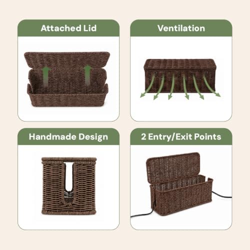 Cable Management Box, Handmade Rattan Cord Organizer for Power Strip