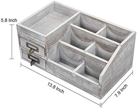 Distressed Rustic Wooden Office Desktop Organizer Wood Shelf Tabletop Home Organizer Storage with Multiple Compartments 2 Tier Drawers,perfect Jewelry storage Display Box for Desk, Vanity (gray)