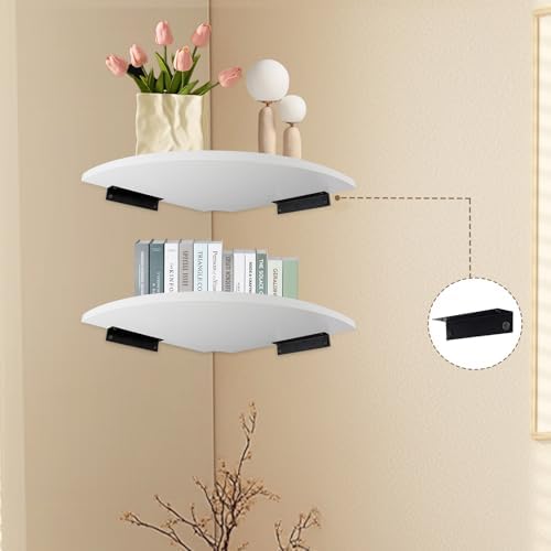 JJL Corner Shelf, 12-Inch Sector Wall Shelf, Set of 2 Wooden Hanging Shelves with Wire Hole for Bedroom Corner Decoratio