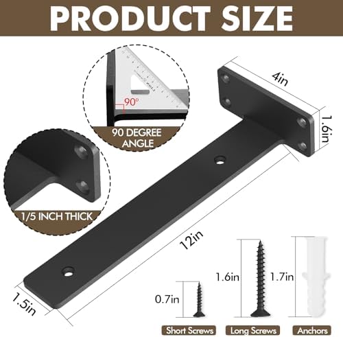 4 Pack Heavy Duty Metal Shelf Brackets 12 inch Long,Black