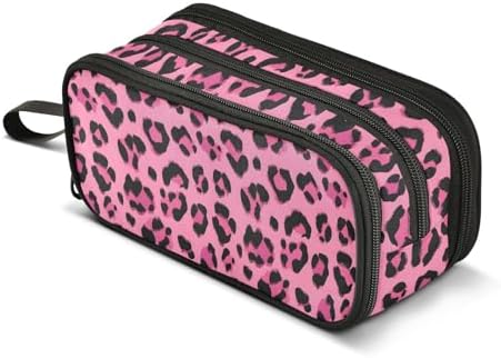 Hot Pink Black Leopard Print Pencil Case Box Boys Girls Large Pencil Pouch Zipper Compartments Big Capacity Stationery Pen Bag Organizer for Kids Teens Adults School Office