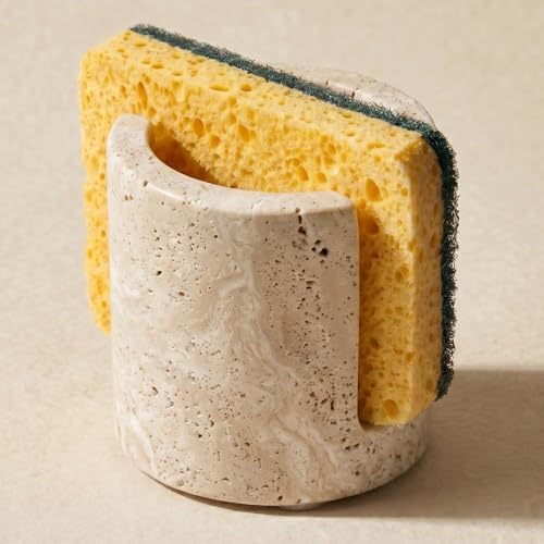 Natural Travertine Sponge Holder for Kitchen Sink - Luxury Stone Sponge Caddy, Quick-Drying Modern Minimalist Marble Kit