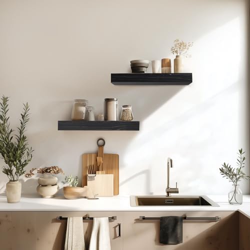 Floating Shelves, 17 Inch Wall Mounted Shelves, Set of 2, Black