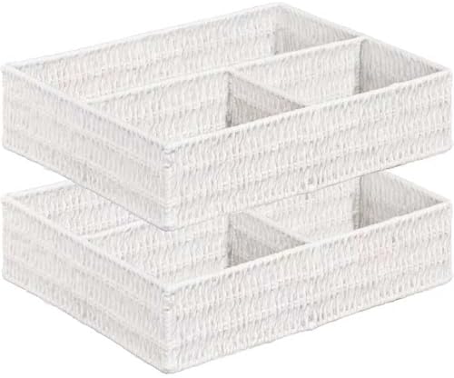 Vagusicc Wicker Divided Storage Basket, White Wicker Baskets, Basket for Shelves Drawer Organizing, 3 Section Rectangula