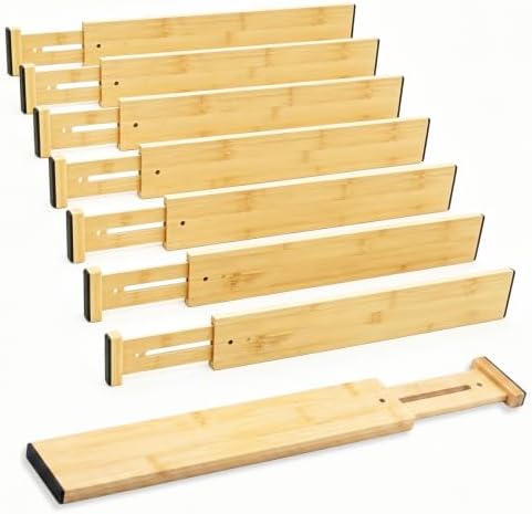 Joyeee Kitchen Drawer Dividers 8 Pack, 16.9-22" Adjustable Bamboo Drawer Organizer, 2.28" High Expandable Utensils Separ