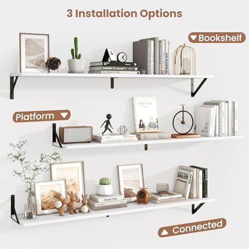 Axeman 48 Inch Floating Shelves, 8 Inch Deep White Wall Shelves Set of 2