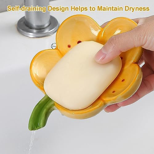 Self-Draining Soap Dish Ceramic Cute Bar Soap Holder for Countertop, Kitchen, Bathroom, Bedroom, Peach Blossom, Orange