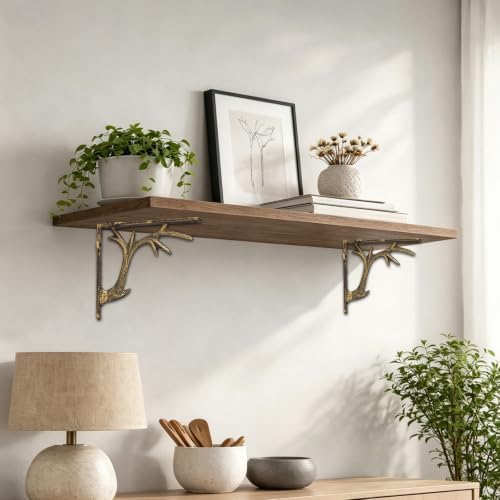 2PCS Cast Iron Deer Antler Wall Shelf Brackets, 6.2in (H), Black & Gold