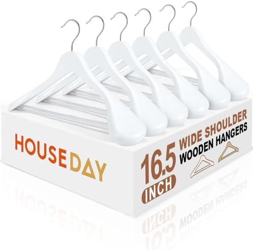 HOUSE DAY Wooden Suit Hangers 6 Pack，Heavy Duty Wide Shoulder Hangers, Solid Wood Coat Hanger with Non-Slip Pant Bar for Petite Adults, Teens and Small Suits, Coats, Jackets (White, 16.5‘’)