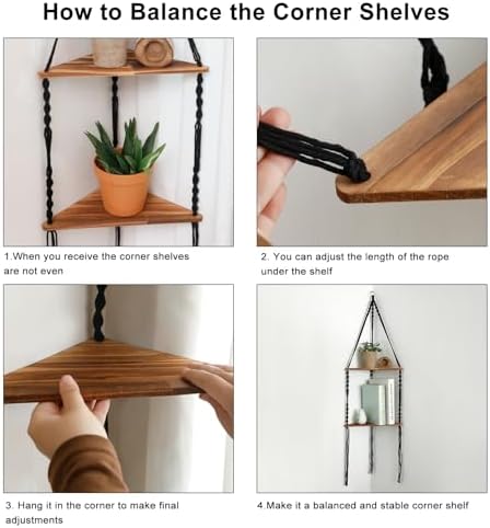 Artilady Corner Shelf Macrame Wall Hanging Balck, Boho Wood Storage Decor