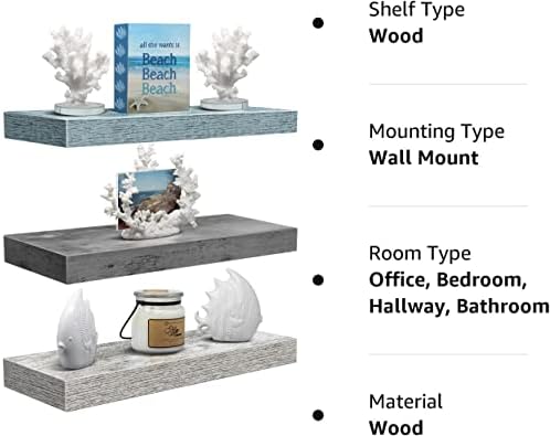 Sorbus 16 Inch Wood Floating Shelves for Wall (3 Pack, Grey/Blue/Rustic)