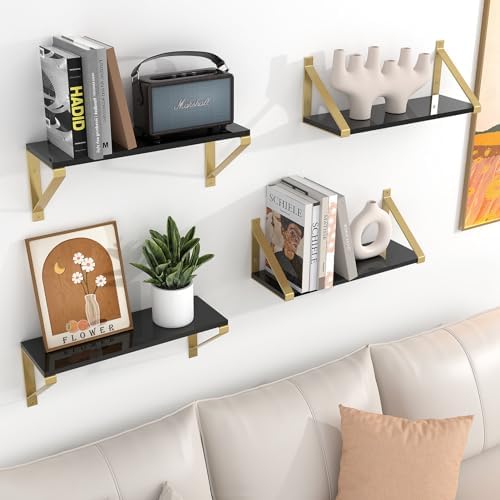 Gold Black Floating Shelves Wall Mounted Set of 2, 8mm Transparent Acrylic, Invisible Wall Shelves for Bedroom, Living R