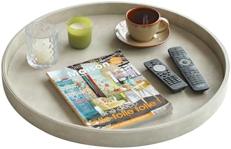 HofferRuffer Large Round Serving Tray 24'', Elegant Faux Leather Circle Ottoman Table Tray, Serve Tea Coffee Breakfast i