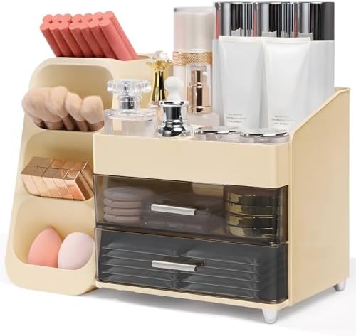 Makeup Organizer for Vanity with Brush Holder and 2 Drawers, Cream