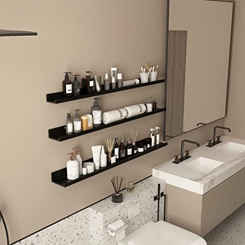 Giftgarden 47 Inch Black Floating Shelves Ledge, Wall Mount Long Picture Rail Large Woodgrain Photo Shelving for Living 
