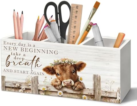 Motivational Highland Cow Pen Holder Organizer for Desk Accessories