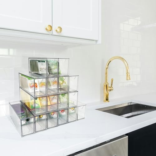 AZEZO 16-Pack Tea Bag Drawers Organizer - 16 Clear Plastic Drawer Tea Bag Holder; Stackable & Portable; Wider Size; Well