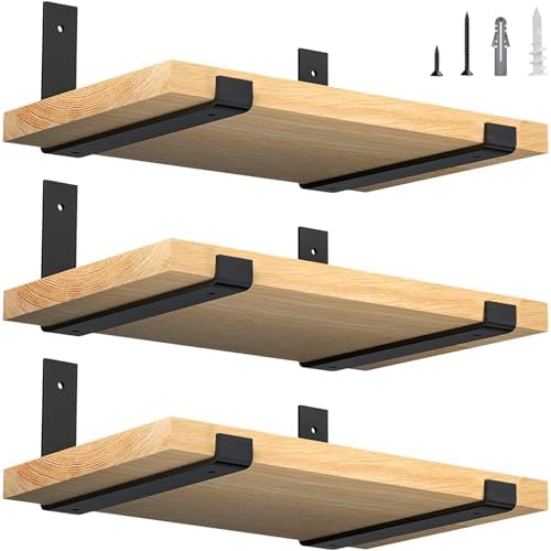 LuckIn 12 Inch Wall Shelf Brackets (Fit 11.25" Board) 6-Pack, Heavy Duty Black Iron, Garage, Kitchen, Laundry Room Float