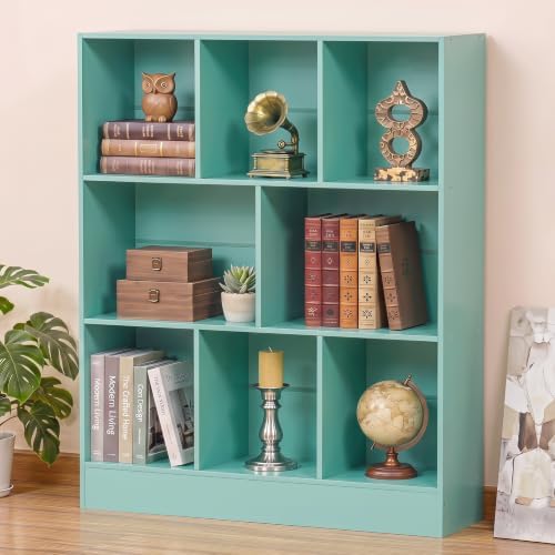 YAHARBO 3 Tier 8 Cube Horizontal Bookshelf, Low Bookcase with Sleves,Green
