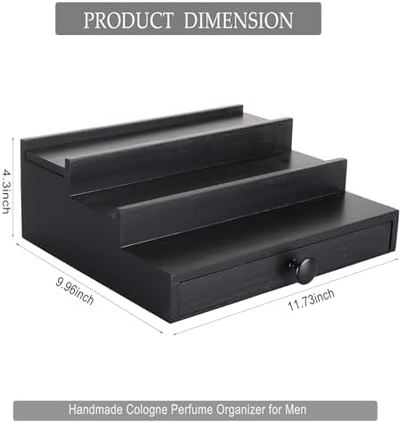 3 Tier Men's Cologne Organizer, Black Wooden Display Stand with Drawer