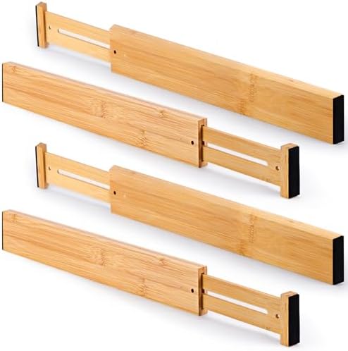 Bamboo Drawer Dividers Organizers, Kitchen Drawer Dividers for Clothes, Adjustable Drawer Separators for Dresser, Bedroom, Bathroom, Office, 4 Pack, 17“-22”