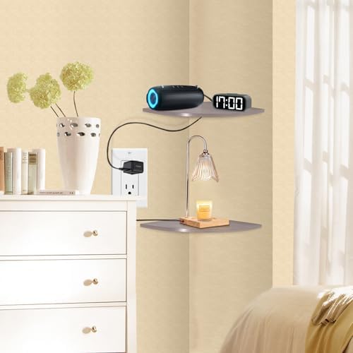 JJL Corner Wall Shelf, 12-Inch Sector Shelf, Set of 2 Wooden Hanging Shelves With Wire Hole for Bedroom Decoration, Grey